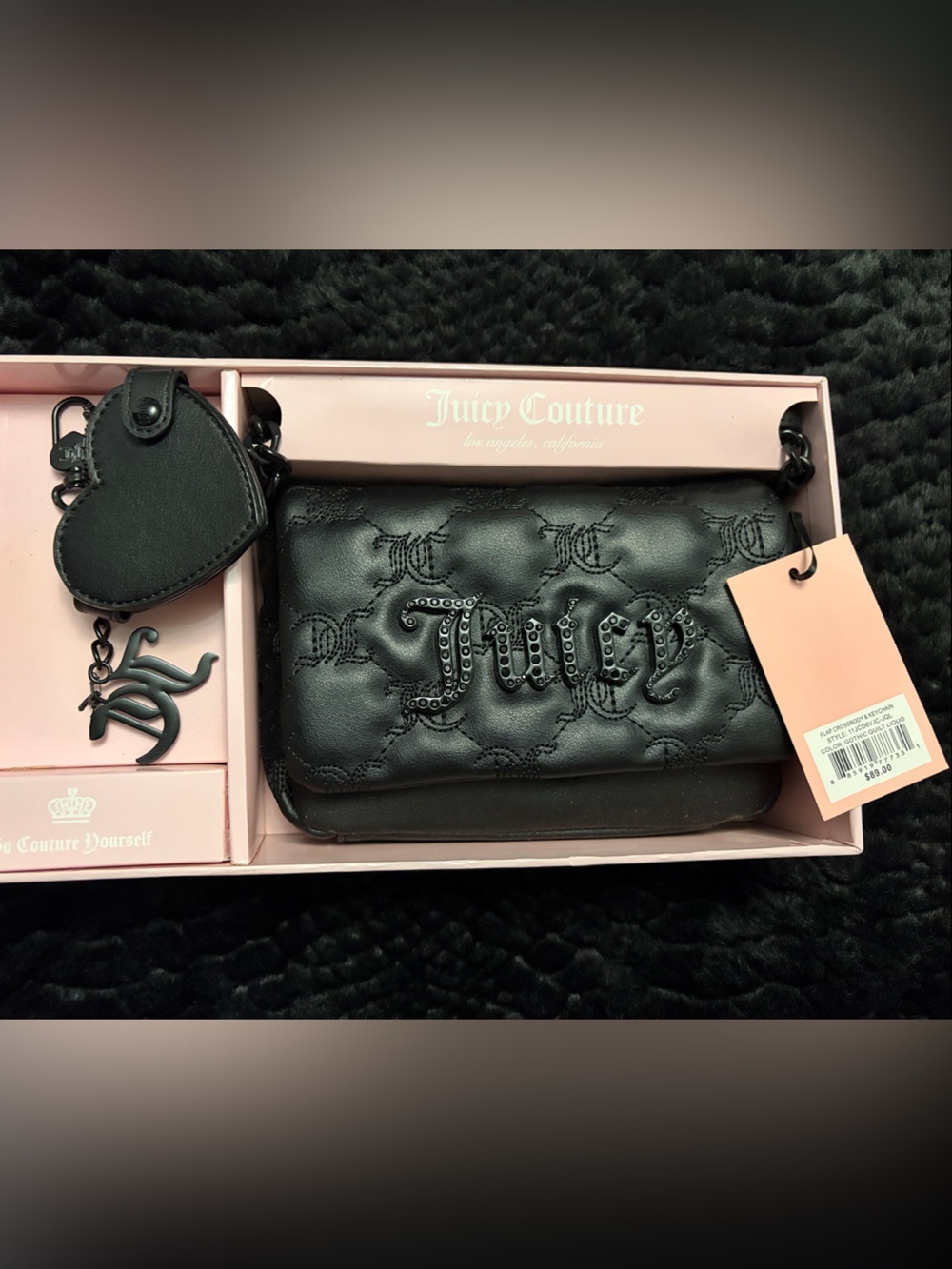 NWT Juicy Black Quilted Crossbody with Heart Charm and Logo Keyring
